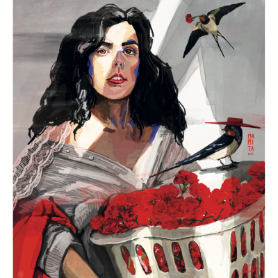 Ilustração de mulher com flores vermelhas numa cesta branca e pássaros no fundo cinzento