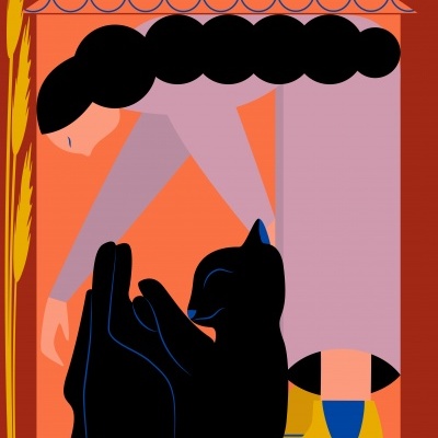 Ilustração abstrata com figura humana, gato preto e elementos geométricos coloridos