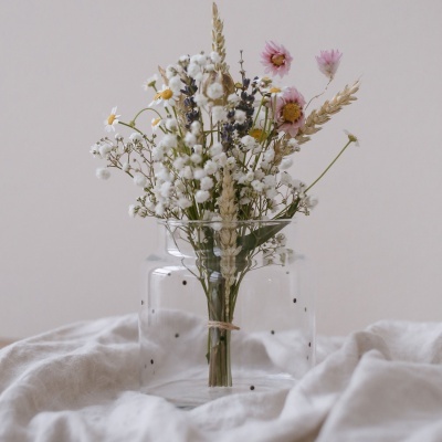 Vaso de vidro com flores secas em fundo neutro