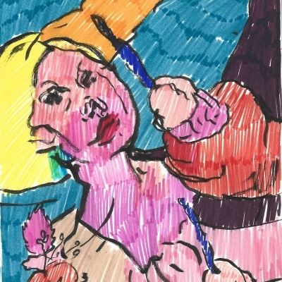 Desenho colorido de figura humana com pele roxa e cabelo loiro.