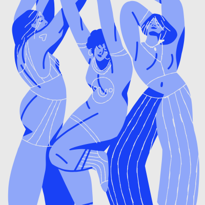 Ilustração de três mulheres em tons de azul com roupas às riscas e poses alongadas sobre fundo cinza claro
