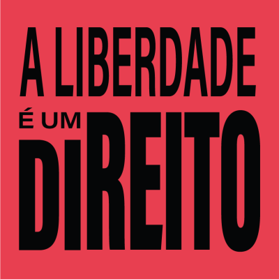 Texto em fundo vermelho com frase 'A LIBERDADE É UM DIREITO' em preto