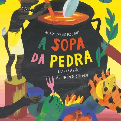 Capa de livro com ilustração de animais a cozinhar e texto A Sopa da Pedra