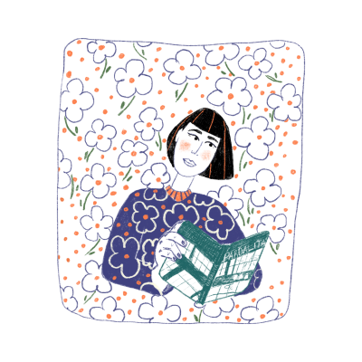 Pessoa a ler com camisa azul estampada e fundo de flores