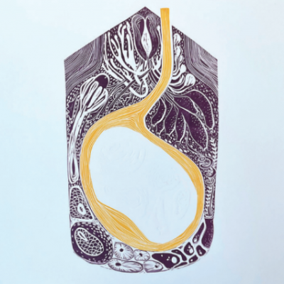 Desenho artístico com padrão orgânico preto e branco e forma amarela central