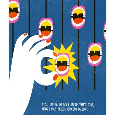 Ilustração de bocas coloridas penduradas e mão a segurar uma boca destacada com texto em português