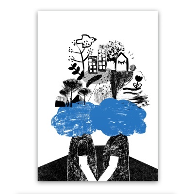 Ilustração em preto, branco e azul de duas figuras humanas com cabeças azuis e elementos abstratos no fundo