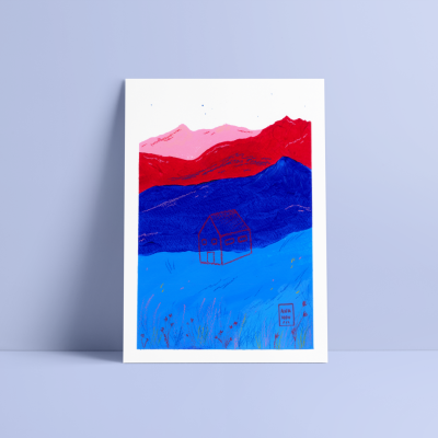 Cartaz artístico com montanhas coloridas e desenho de casa