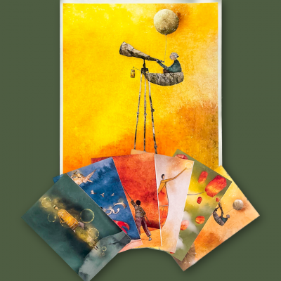 Conjunto de posters artísticos coloridos com cenas surrealistas