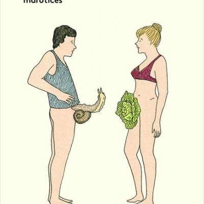 Capa de livro com ilustração de homem e mulher em trajes de banho com caracol e alface na zona genital.