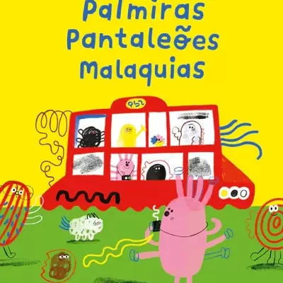 Capa de livro infantil com personagens coloridos e carro vermelho em fundo amarelo e verde