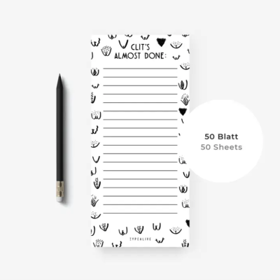 Lista de notas branca com desenhos e texto, caneta preta ao lado