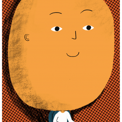 Desenho de pessoa com cabeça grande sentada numa cadeira azul