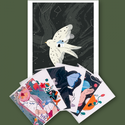 Conjunto de cinco postais ilustrados coloridos com padrão geométrico e desenho de ave branca