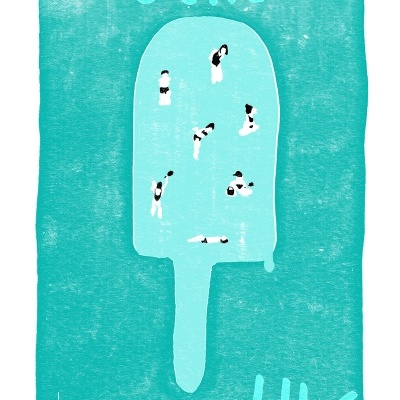 Ilustração de gelado em pau azul com figuras humanas e texto 'olhó' e 'oooooólhó'.