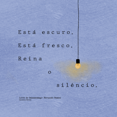 Texto poético com fundo azul e lâmpada amarela pendurada