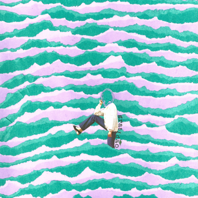 Imagem artística com padrão ondulado verde-água e lilás com figura humana sentada e texto