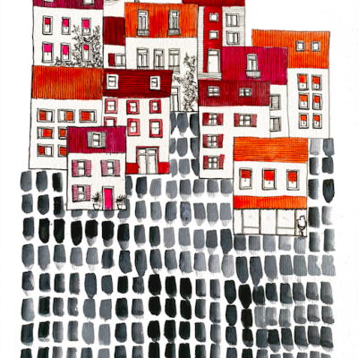 Ilustração de várias casas com telhados vermelhos e laranja sobre padrão geométrico preto