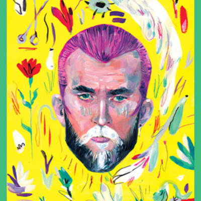 Ilustração de cabeça de homem com barba e cabelo roxo sobre fundo amarelo com flores