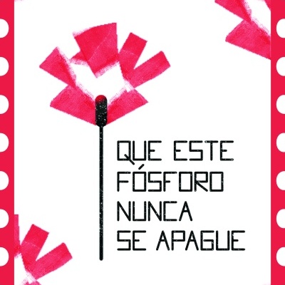 Padrão vermelho com círculos brancos e desenho de fósforo com fogo vermelho e texto em português