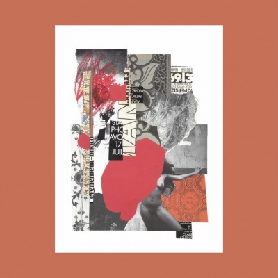 Colagem artística colorida em papel branco com fundo laranja