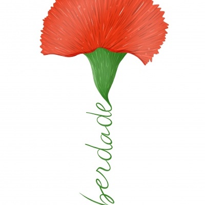 Flor vermelha estilizada com caule verde e a palavra 'liberdade' escrita no caule.