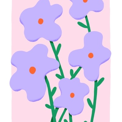 Desenho digital de flores roxas com talos verdes em fundo rosa