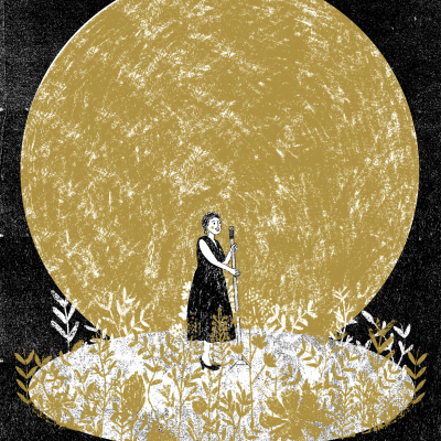 Mulher de vestido preto com vara entre plantas douradas e fundo preto com círculo dourado