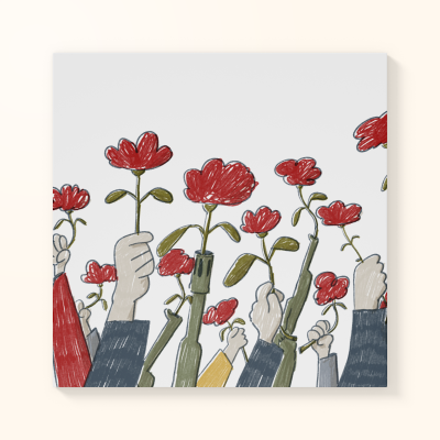 Ilustração de mãos segurando flores vermelhas e partes de armas, fundo branco