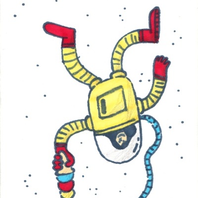 Ilustração de astronauta com fato amarelo e vermelho e capacete branco a flutuar