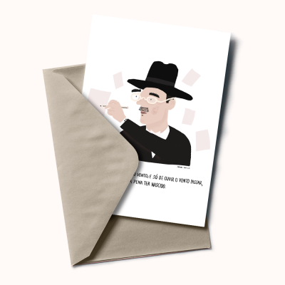 Cartão postal ilustrado com homem de chapéu e envelope castanho