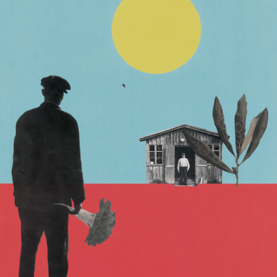 homem segurando flor frente a casa com planta sob sol amarelo em fundo azul