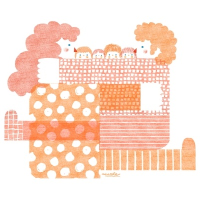 Ilustração de duas figuras adultas com quatro crianças entre elas, em tons laranja e rosa.