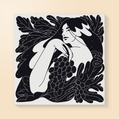 Ilustração preto e branco de mulher com folhas e uvas.