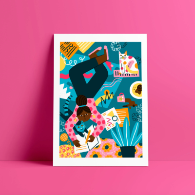 Poster ilustrado de pessoa a escrever com gato e plantas ao redor