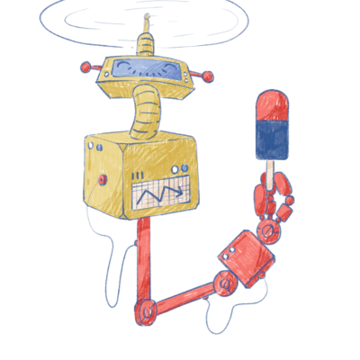 Desenho de robô amarelo com braços vermelhos a segurar gelado colorido