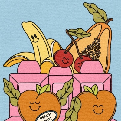 Ilustração de frutas sorridentes em cubos rosas com etiqueta 'PEACH OUT!'