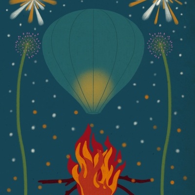 Ilustração de balão, fogo, fogos-de-artifício e flores