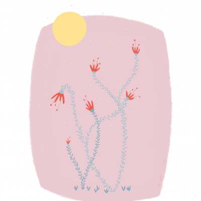 Ilustração digital de flores vermelhas com hastes azuis sobre fundo rosa e círculo amarelo