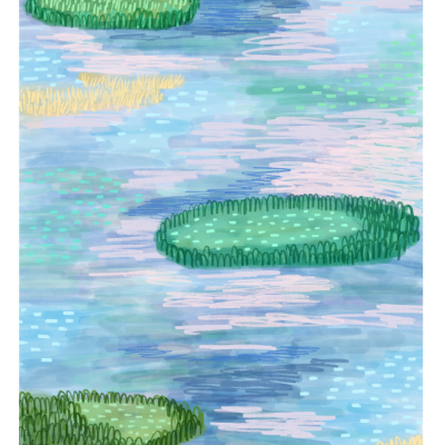 Ilustração com manchas verdes sobre fundo azul e texto manuscrito 