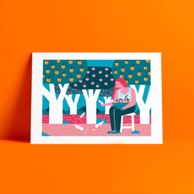 Impressão artística emoldurada com ilustração de pessoa sentada num banco rodeada de árvores coloridas