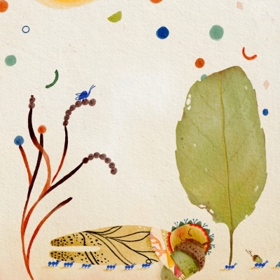 Ilustração colorida abstrata com elementos naturais e insetos azuis.