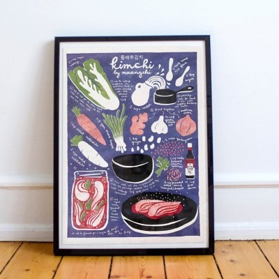 Pôster ilustrado sobre ingredientes para kimchi em moldura preta apoiada no chão com piso de madeira