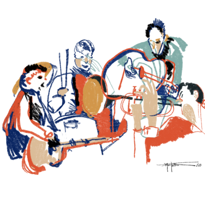 Desenho abstrato colorido de quatro músicos com instrumentos