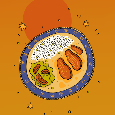 Prato ilustrado com arroz, carne e salada sobre fundo laranja