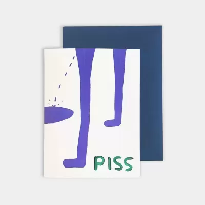 Cartão branco com desenho minimalista roxo e texto PISS verde com envelope azul escuro.