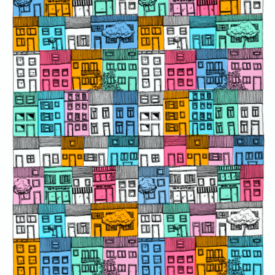 Desenho colorido de fachadas de prédios em várias cores