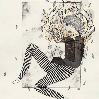 Desenho de mulher deitada a ler livro com ramos e folhas a sair do livro.