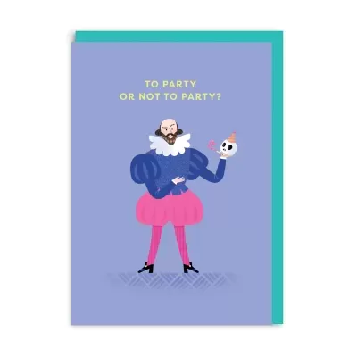 Cartão ilustrado com frase em inglês sobre festa e caveira com chapéu de festa