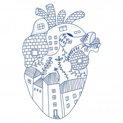 Desenho azul de coração anatómico com edifícios e plantas